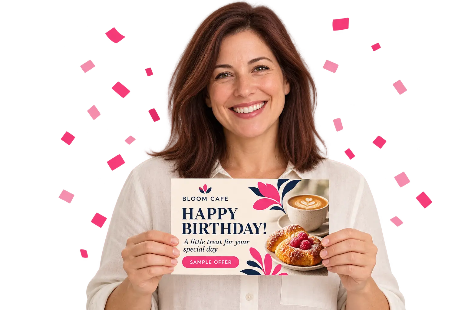 Woman holding a Bloom Cafe sample birthday postcard with coffee and pastry