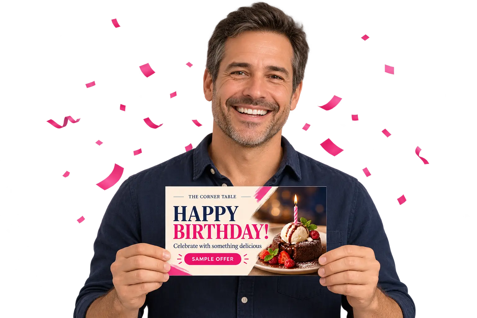 Man holding a sample birthday postcard for The Corner Table restaurant