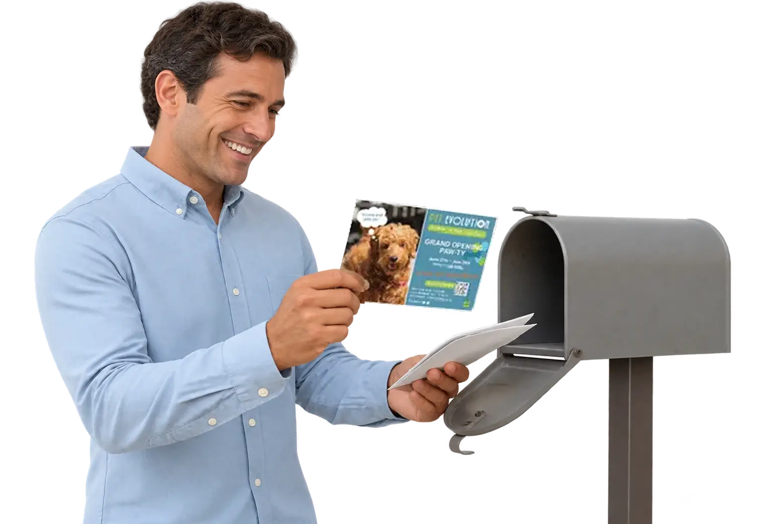 Man reading an Every Door Direct Mail postcard beside a mailbox
