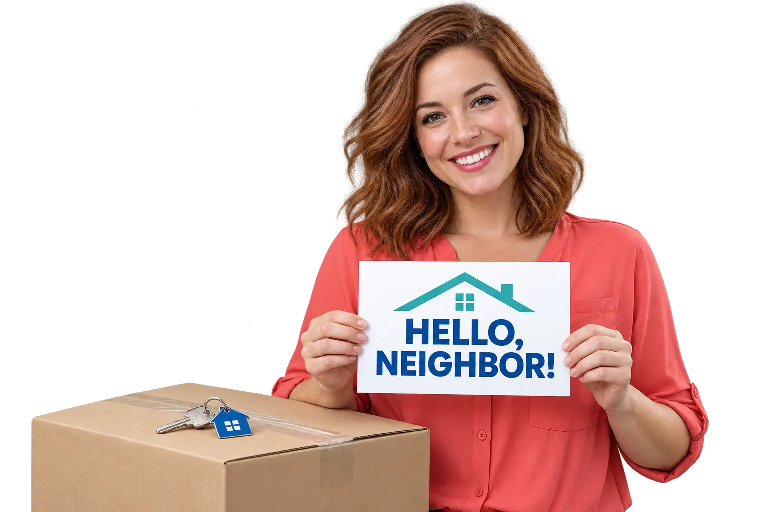 Woman in a coral shirt holding a Hello, Neighbor postcard beside a moving box and house keys