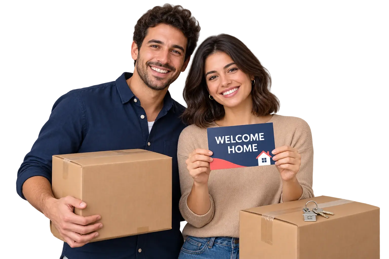 Smiling new residents holding a Welcome Home postcard beside moving boxes and house keys